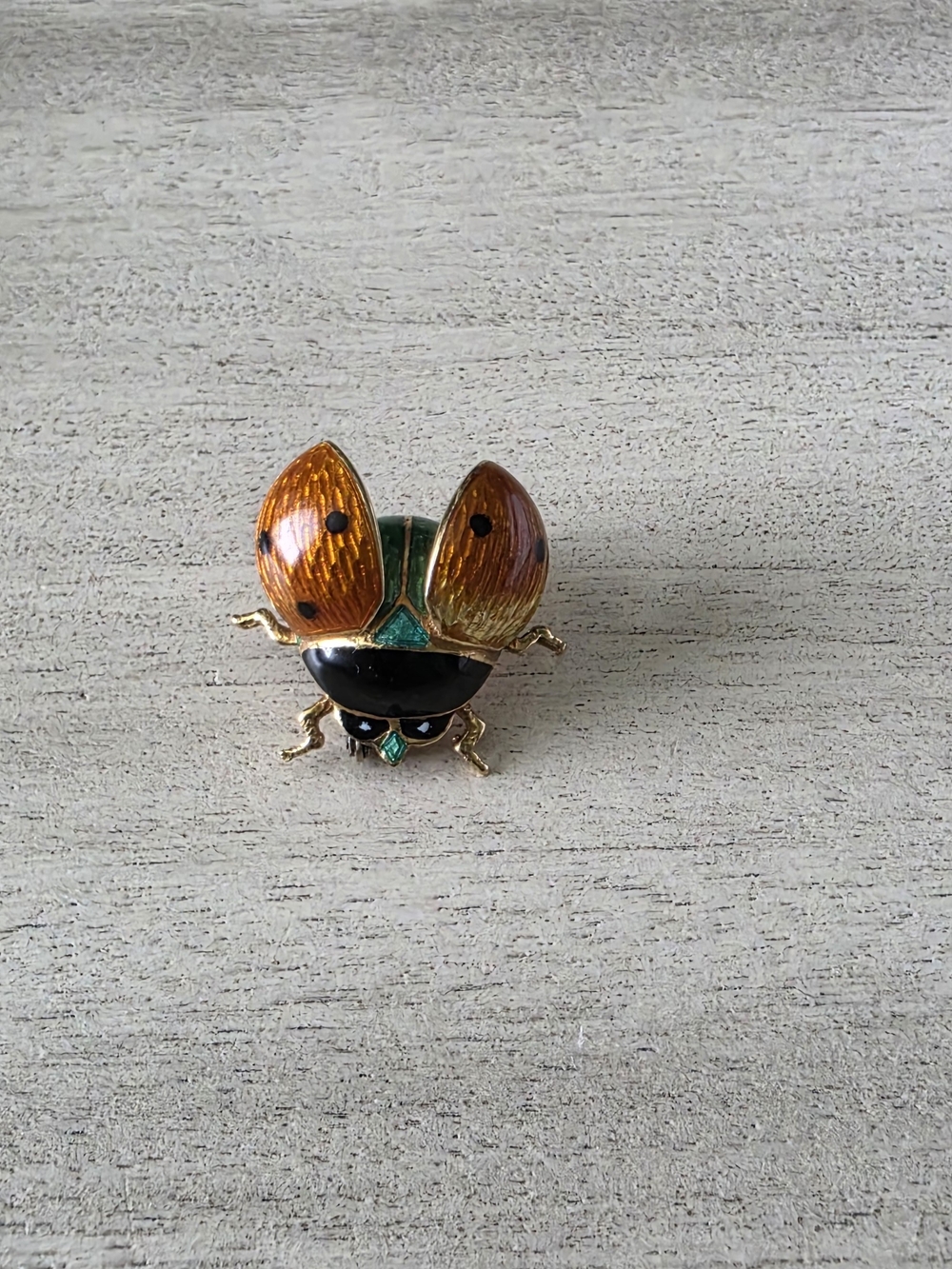 18K YG Enamel Ladybug Brooch Pin in Orange, Black & Green